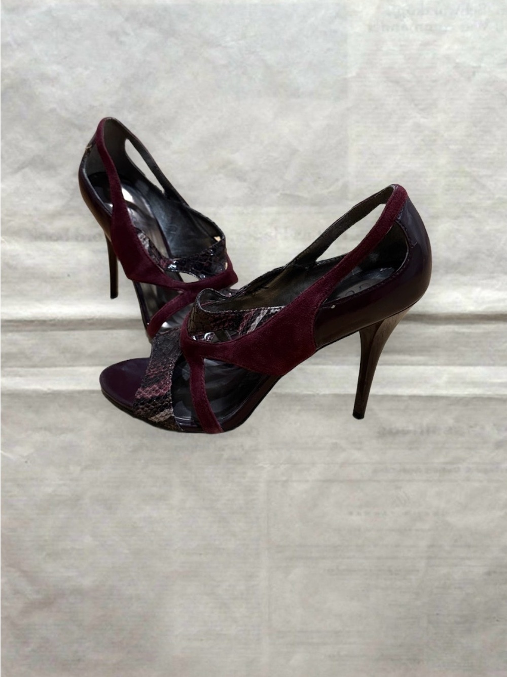 Guess Heels—burgundy velvet and snakeskin texture.